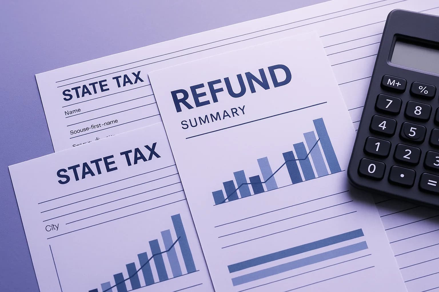 State tax refund statement and calculator on desk