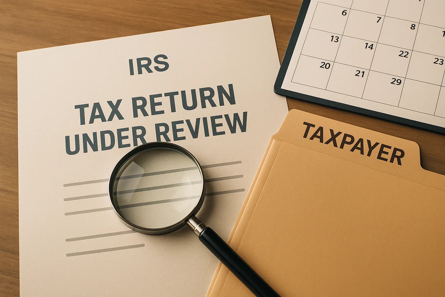 IRS review notice and tax filing documents on a desk